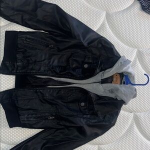 Women's Black Leather Jacket with Gray Hood